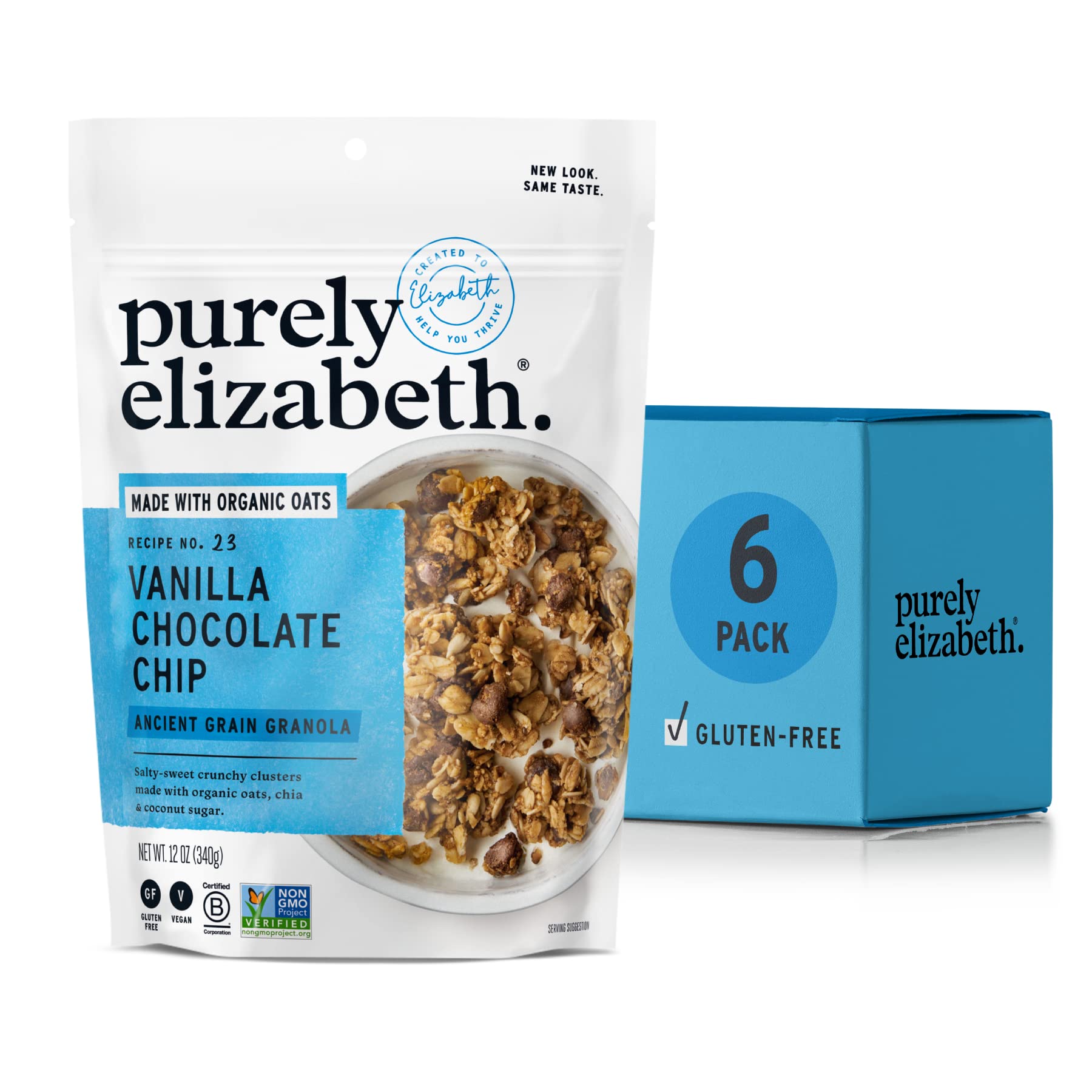 Purely Elizabeth Vanilla Chocolate Chip, Ancient Grain Granola, Gluten-Free, Non-Gmo (6 Ct, 72Oz Bulk)