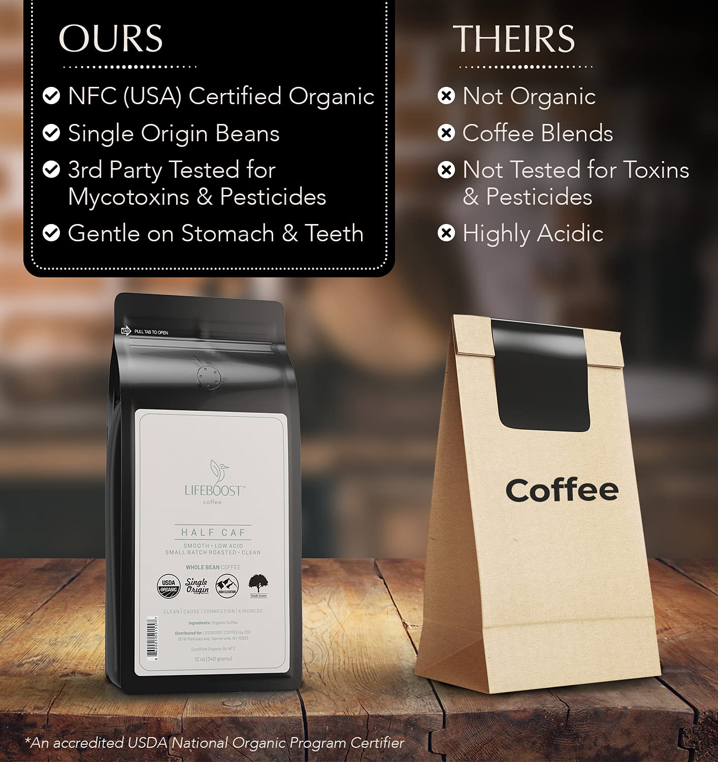 Lifeboost Coffee Half Caff Whole Bean Coffee - Low Acid Single Origin Usda Organic Coffee - Non-Gmo Whole Bean Coffee Third Part