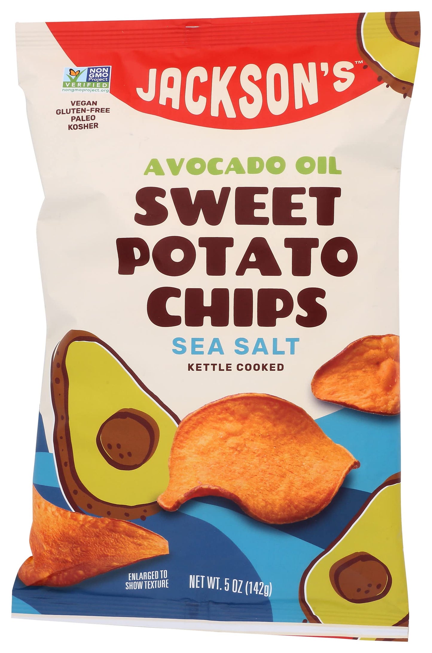 Jacksons Chips Sweet Potato Chips Avocado Oil Sea Salt Flavor Kettle Cooked, Vegan, Gluten Free, Non GMO, Paleo and Kosher Frien