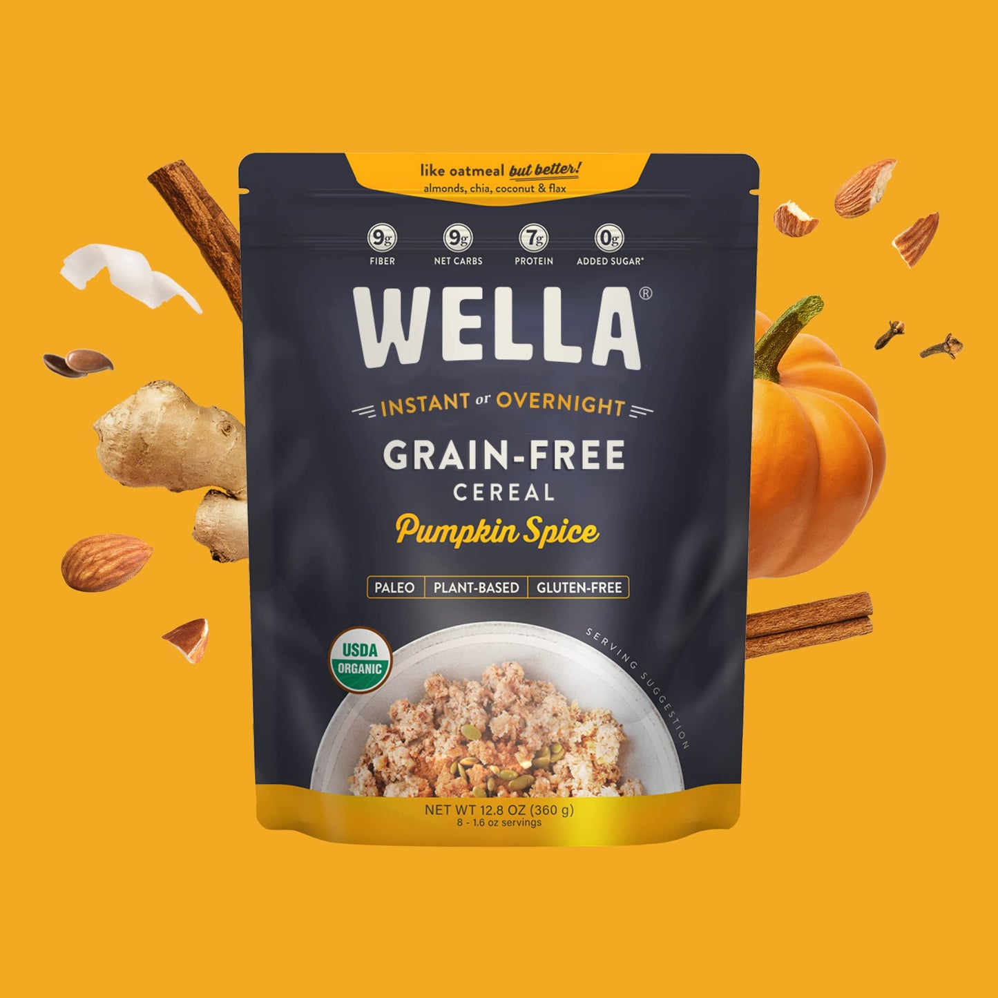 Wella Cereal Oatmeal Alternative, Gluten-Free Breakfast Hot Cereal, Grain-Free Paleo Organic Vegan High Protein Superfood, Plant-Based Non-Gmo, Low In Net Carbs, Multi-Serve Bag, Pumpkin Spice Flavor (1 Count, 12.8 Oz. Bag)
