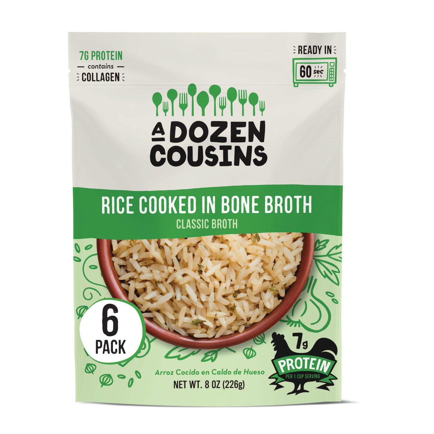 A Dozen Cousins Rice Cooked in Bone Broth Microwaveable Rice Packets | 7g Protein | Contains Collagen (Classic Chicken Broth, 6