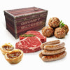 Grumpy Butcher Sizzle & Snack Set Gift Baskets for Adults: Sirloin Steaks, Artisan Meatballs, Chicken Sausages & Puff Pastry Fet