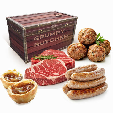 Grumpy Butcher Sizzle & Snack Set Gift Baskets for Adults: Sirloin Steaks, Artisan Meatballs, Chicken Sausages & Puff Pastry Fet