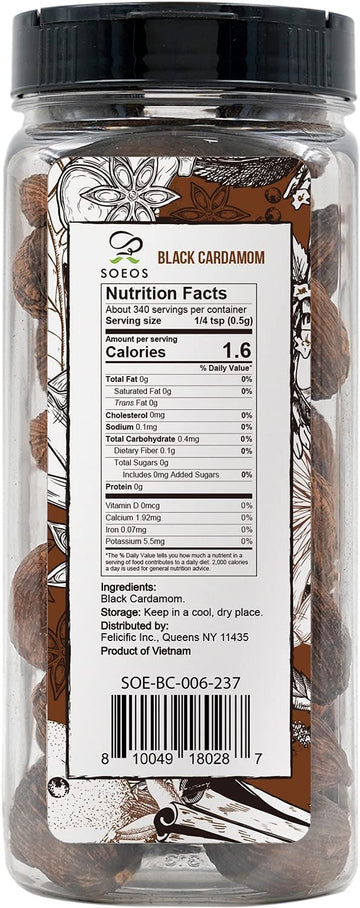 Soeos Black Cardamom 6 Ounces, Non Gmo Verified, Kosher, Asian And India Cooking Spice, Smoky Flavor, Freshly Dried Cardamom, Cardamom Seeds, Cardamom Pods For Cooking, Whole Kali Elaichi, 6Oz.