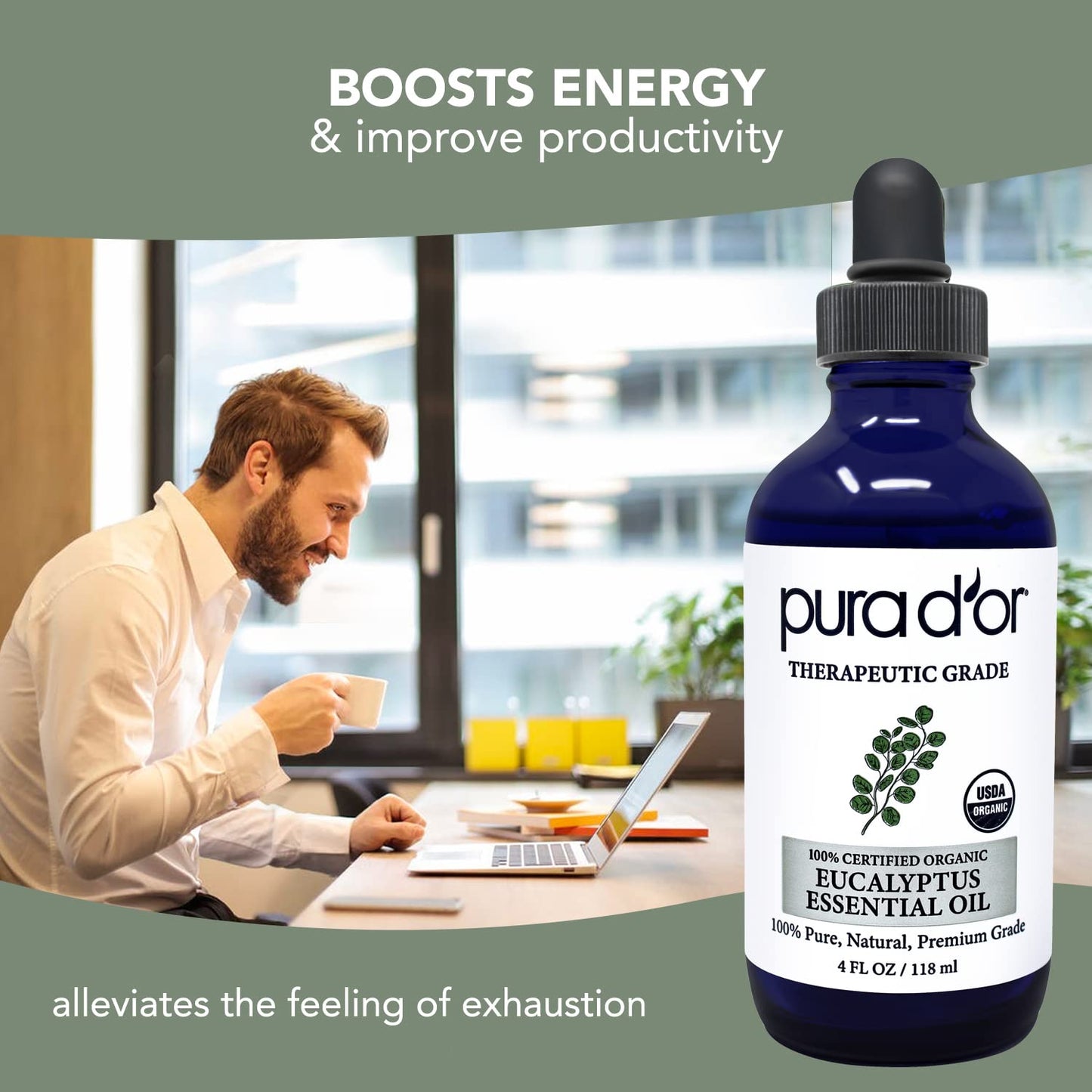 Pura D'Or Organic Eucalyptus Essential Oil (4Oz With Glass Dropper) 100% Pure & Natural Therapeutic Grade For Hair, Body, Skin,