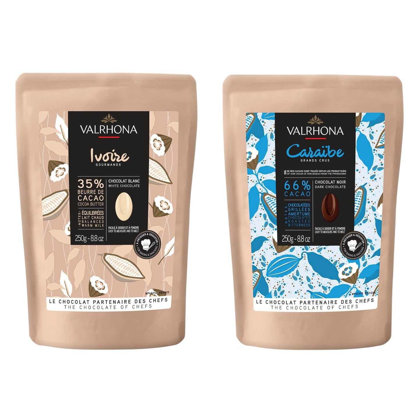 Valrhona Top-Grade Baking Chocolate Discs (Feves) Dark Chocolate Carabe 66% Cacao Grand Cru Blend And Creamy Milk Chocolate Ivoire 35% W/Hints Of Vanilla & Warm Milk For Cookies Cakes And More