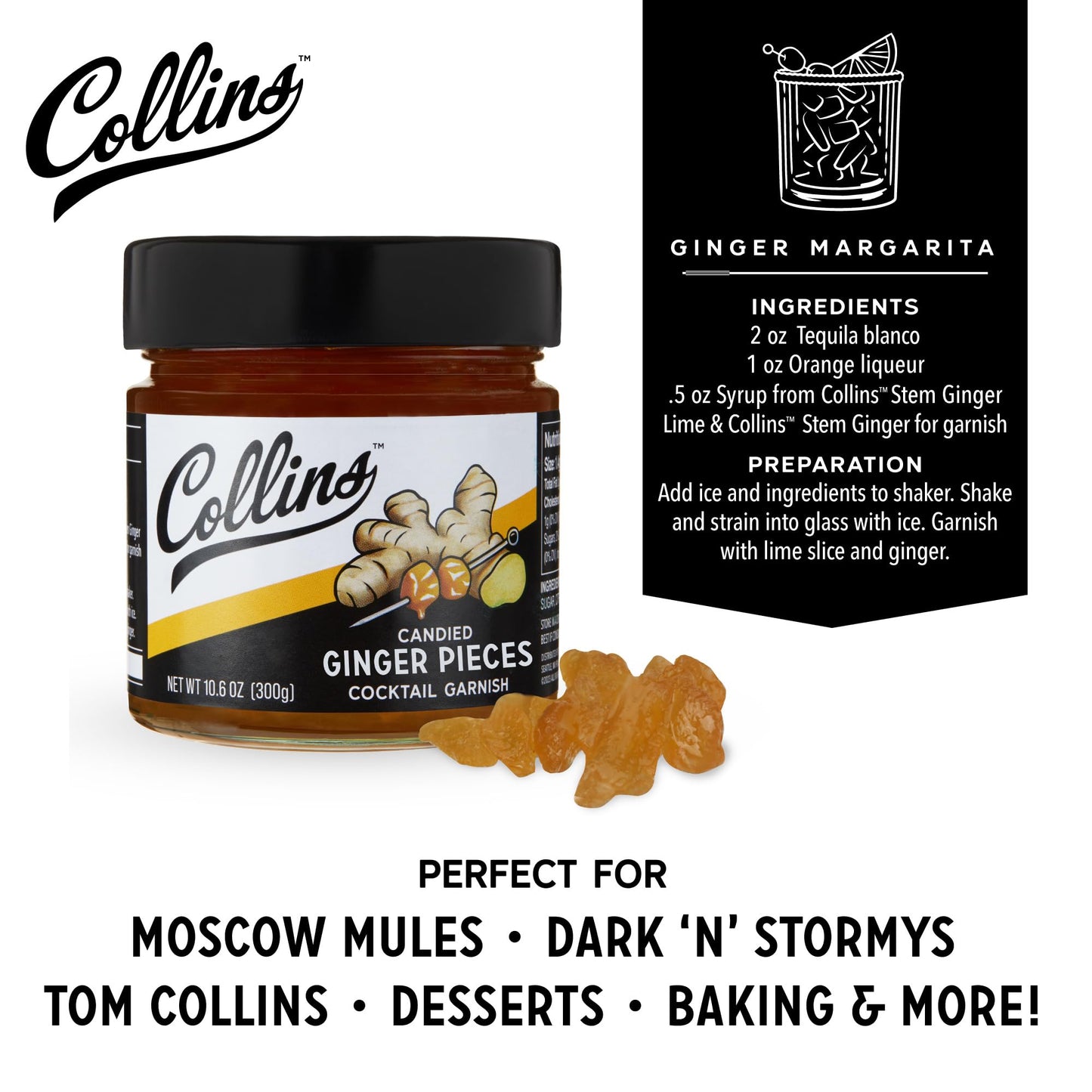 Collins Candied Ginger in Syrup for Cocktails Gluten Free Skinny Cocktail Garnish for spirit-inspired flavor Rum Martini Mojito Gin Moscow Mule Tea Desserts Baking Home Bar 10.6 oz Set of 1
