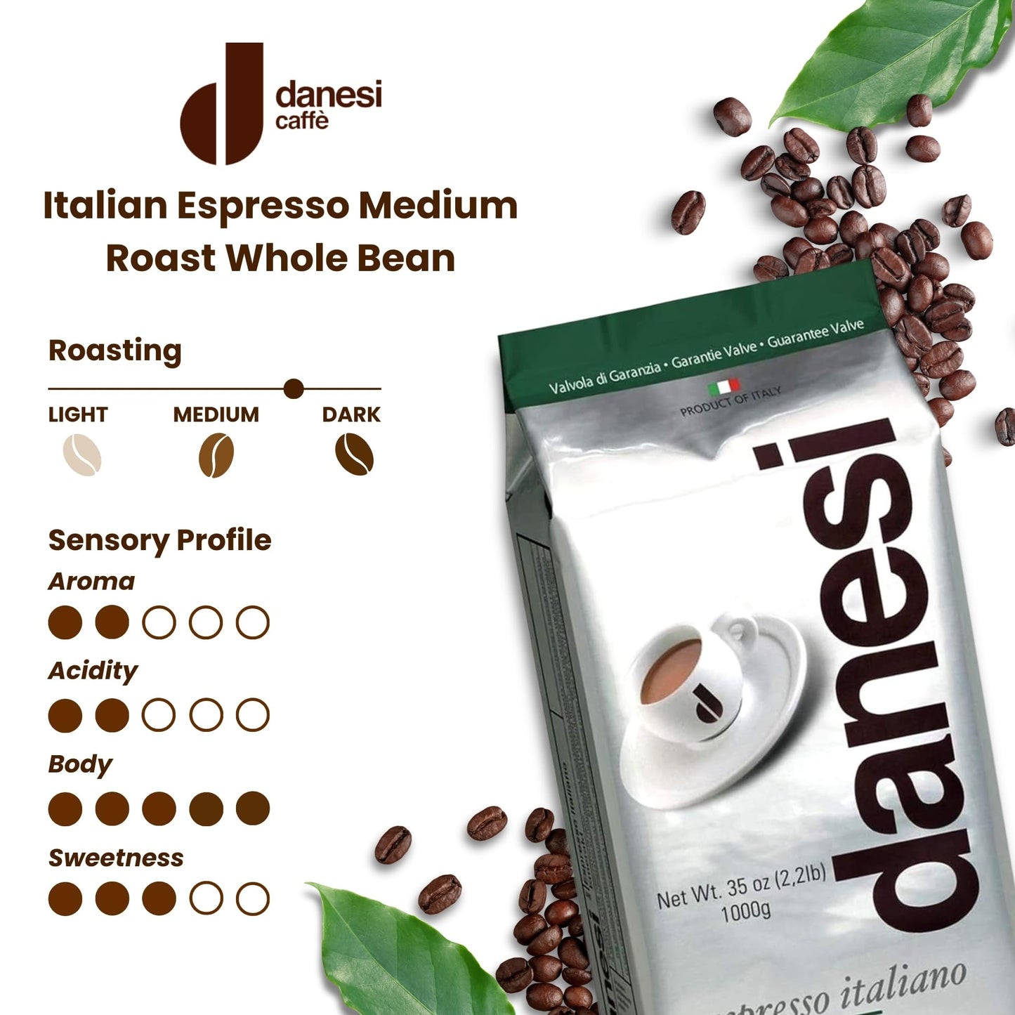 D DANESI CAFFÈ Espresso Coffee Beans - Medium Roast Whole Bean - 2.2 lb