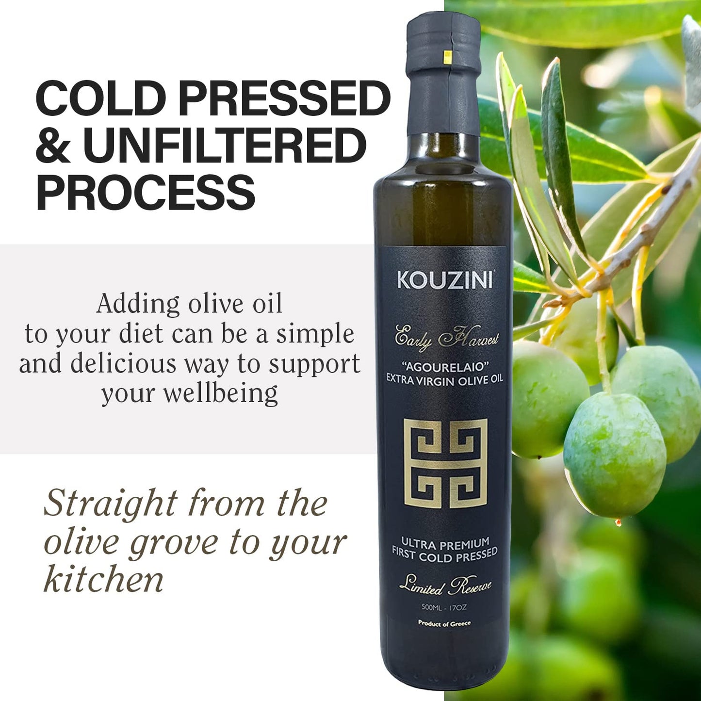 Kouzini Early Harvest Raw Agourelaio Extra Virgin Greek Olive Oil, Cold Pressed, Single Origin, High Polyphenol Evoo With Vibran