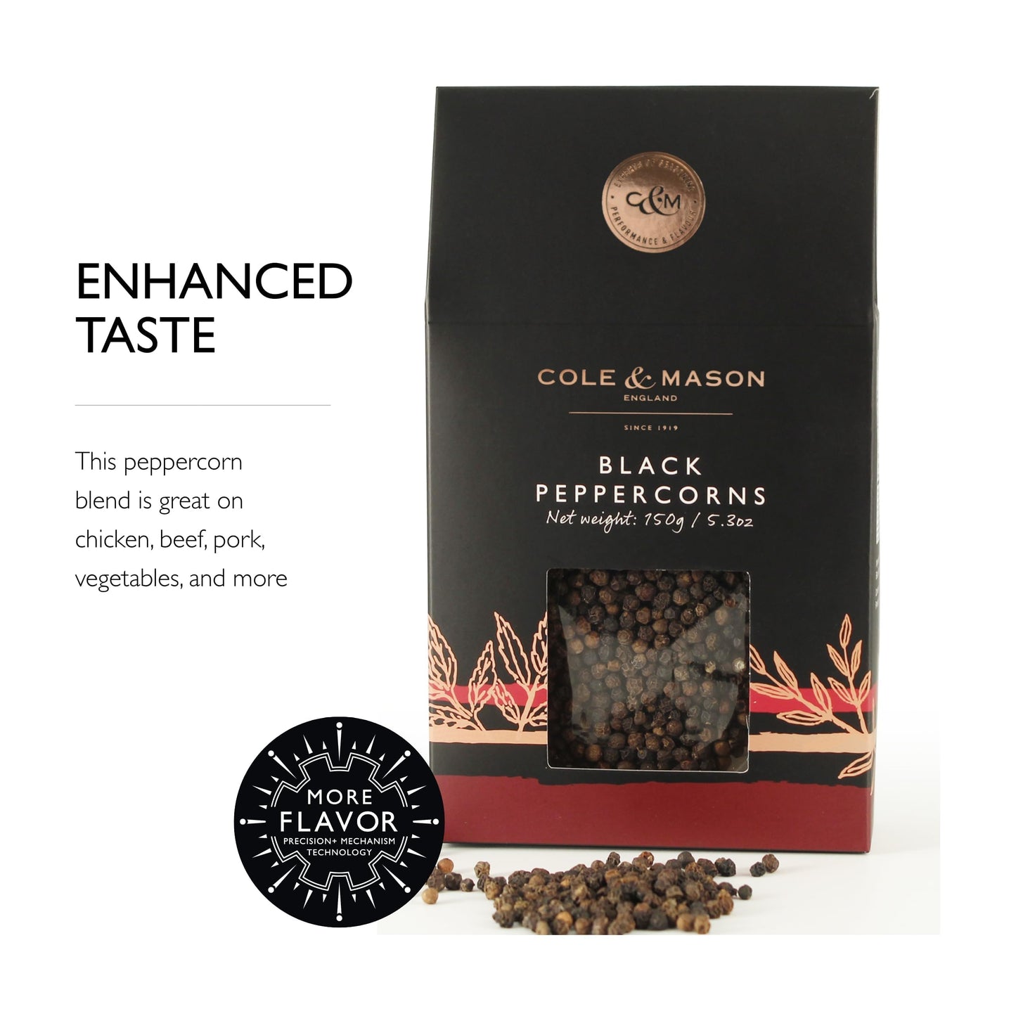 Cole & Mason Gourmet Spice Refill Box - Pairs Well with Chicken, Beef, Pork & More - Peppercorn Refill for Pepper Mill Grinder -