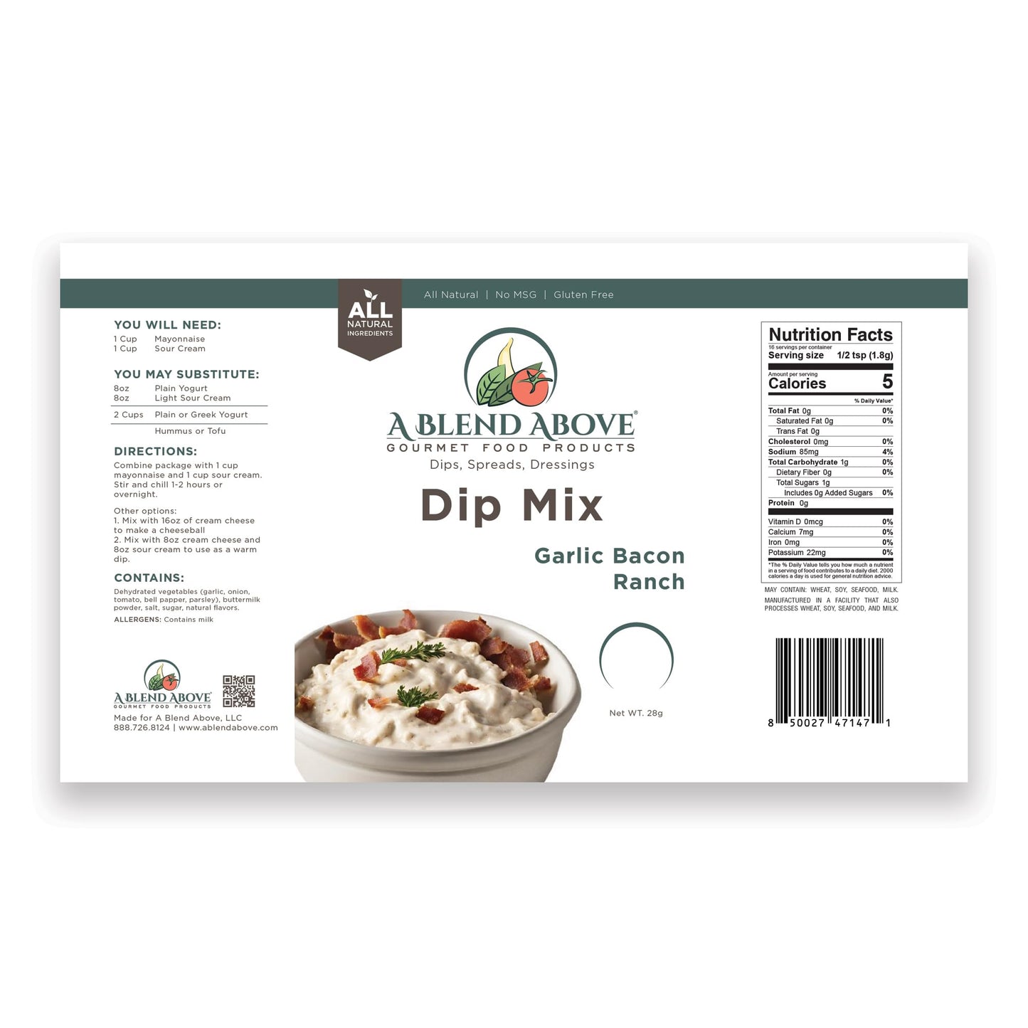A Blend Above Garlic Bacon Ranch Dip Mix, Gluten-Free, Vegan, 3 Packs, 1 oz Each