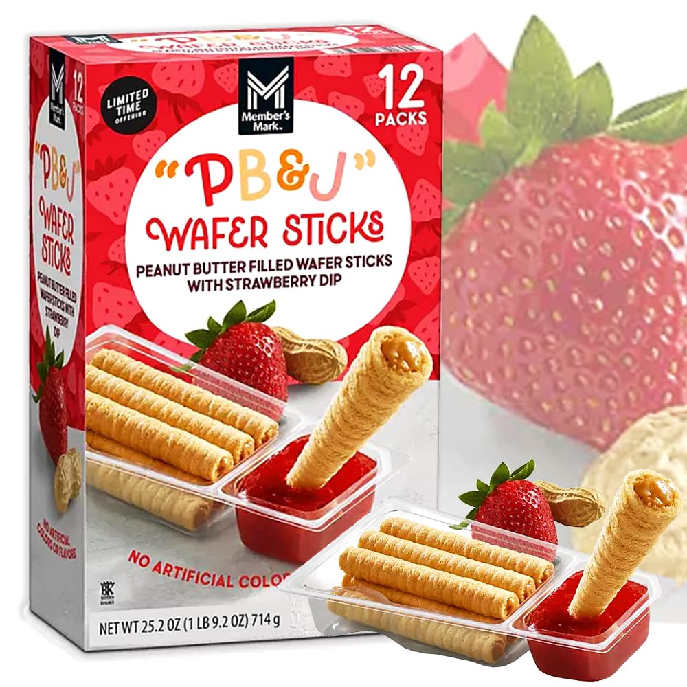 Peanut Butter Rolled Wafer Sticks | Pb & Jelly Filled Wafer Sticks With Strawberry Dip | Grab & Go Individually Wrapped Packs | School Snack Party Appetizer Holiday Gift (12 Packs, Strawberry Dip & Wafer Sticks)