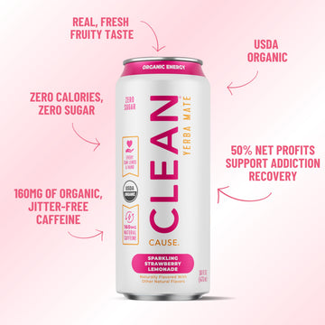 NEW CLEAN Cause Zero Sugar Strawberry Lemonade Yerba Mate Tea Sparkling USDA Organic Energy Drink Alternative Zero Calorie 160mg Natural Caffeine Soda Alternative (16oz cans 12-Pack Case)