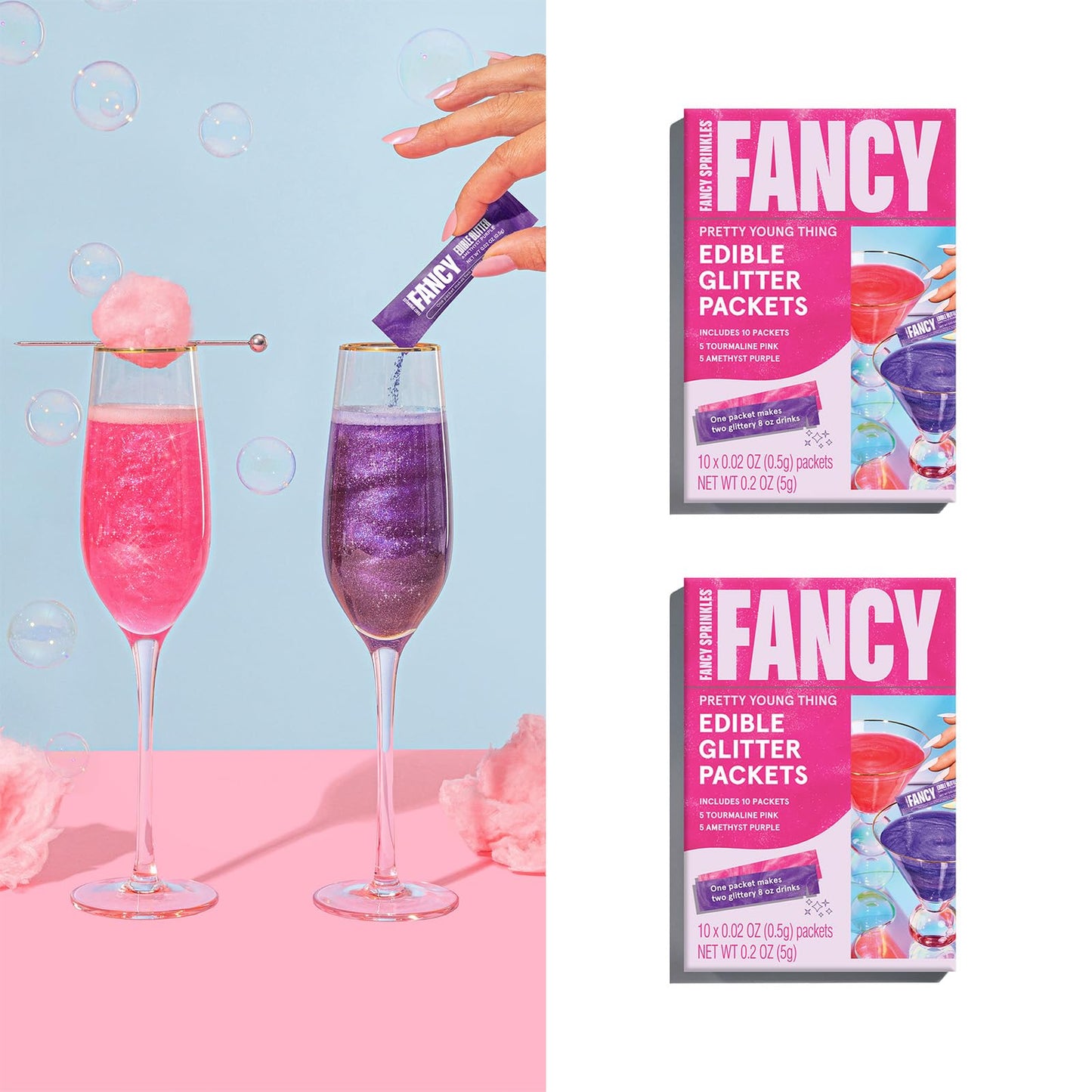 Fancy Sprinkles Edible Glitter Packets, 2 Pack, Tourmaline Pink & Amethyst Purple for Drinks & Cocktails