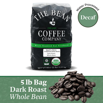 The Bean Organic Coffee Company Water Processed Decaf Il Chicco (Traditional Italian Roast), Dark Roast, Whole Bean Coffee, 5-Po