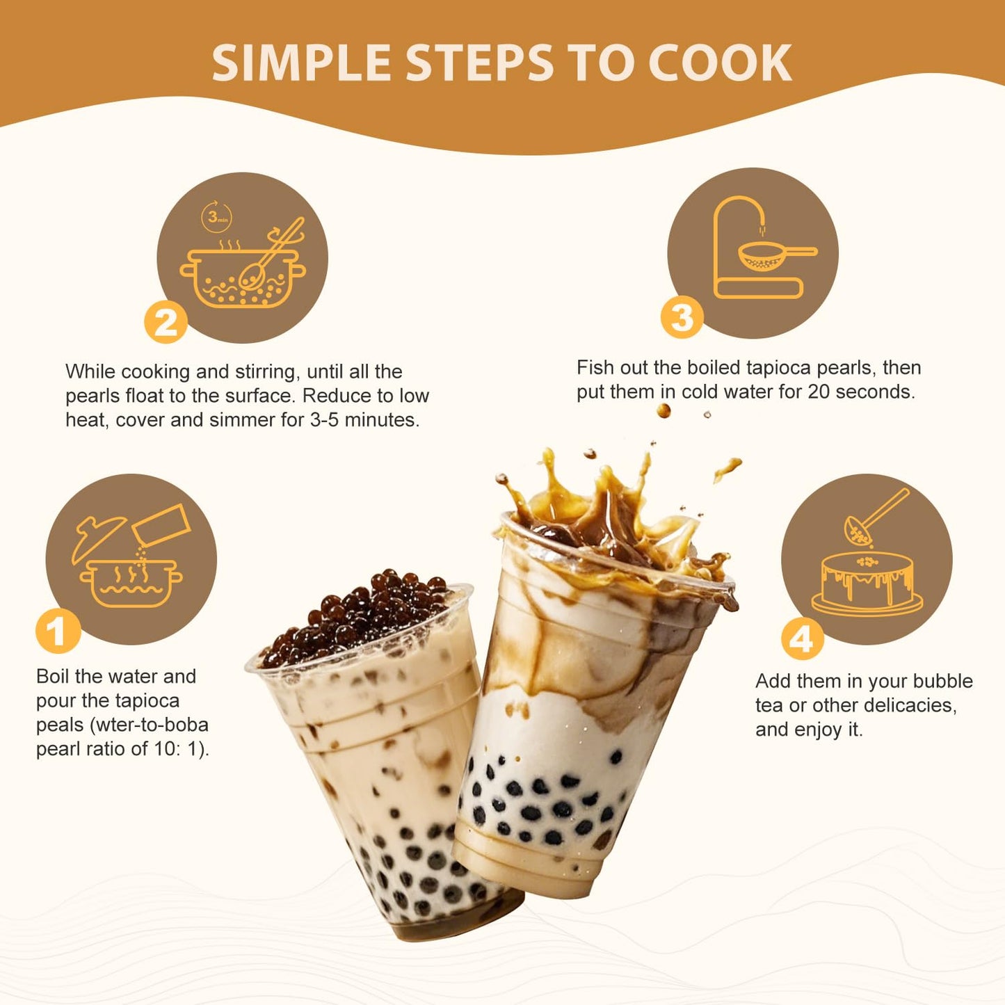 Soeos Boba Pearls, Black Tapioca Pearls 8.8 Oz(Pack Of 4), Black Sugar Flavor Boba Pearls For Bubble Tea, Smoothies & Desserts -