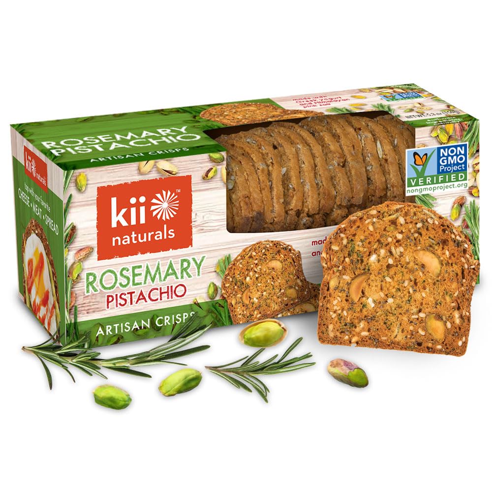 Kii Naturals Artisan Crisps Healthy Snack Breakers For Cheese Meats Spreads Charcuterie Board - Non-Gmo Kosher No Preservatives Hand-Crafted - Rosemary Pistachio 5.3 Ounce (Pack Of 1)