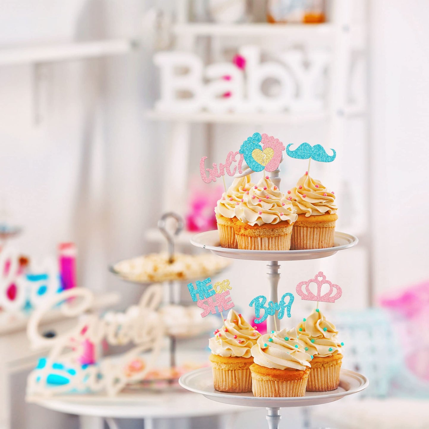 24Pcs Boy Or Girl Cupcake Toppers Pink Blue Glitter Crown Moustache Baby Shower Cupcake Picks He Or She Footprint Cake Topper De