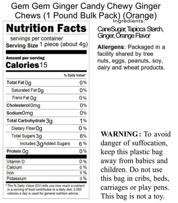 Gem Gem Ginger Candy Chewy Ginger Chews (1 Pound Bulk Pack) (Orange)