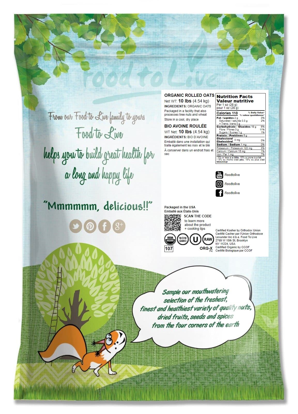 Food To Live Organic Rolled Oats, 10 Pounds – Old-Fashioned, 100% Whole Grain, Non-Gmo, Raw, Kosher, Bulk Oats. Perfect For Morning Oatmeal And Overnight Oats