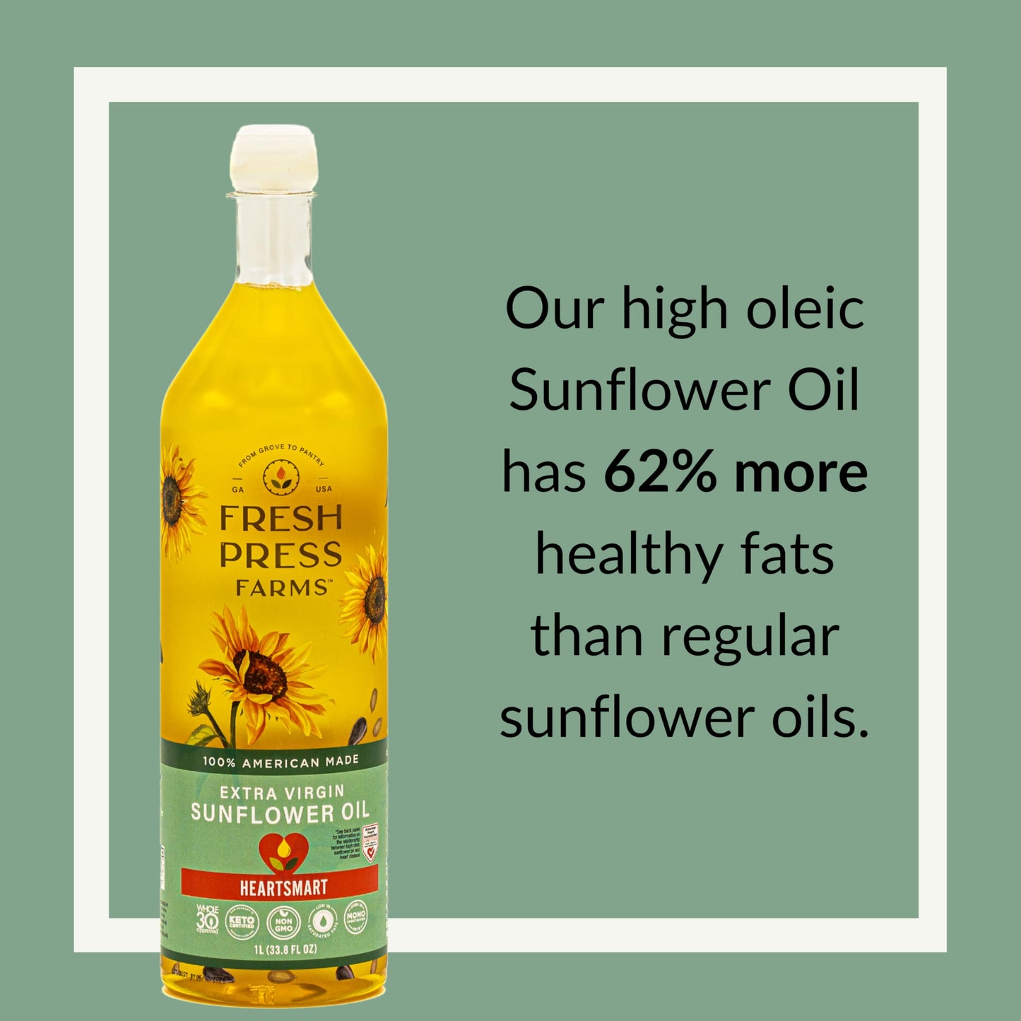 Fresh Press Farms Cold Pressed Sunflower Oil, High Oleic, 33.8 Fl Oz, Non-GMO, Gluten Free, Certified Whole30, 100% American Made