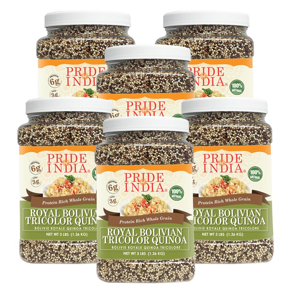 Pride Of India - Pack Of 6 - Natural Three Color Bolivian Royal Quinoa - Protein Rich Whole Grain Jar, 3 Lbs Jar