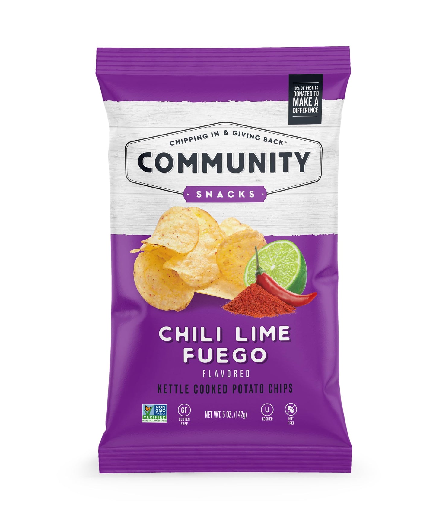 Community Snacks Chili Lime Fuego Flavor Kettle Cooked Potato Chips - 5 Oz Bag (12 Count) - Non-GMO, Gluten-Free, Kosher, Vegan