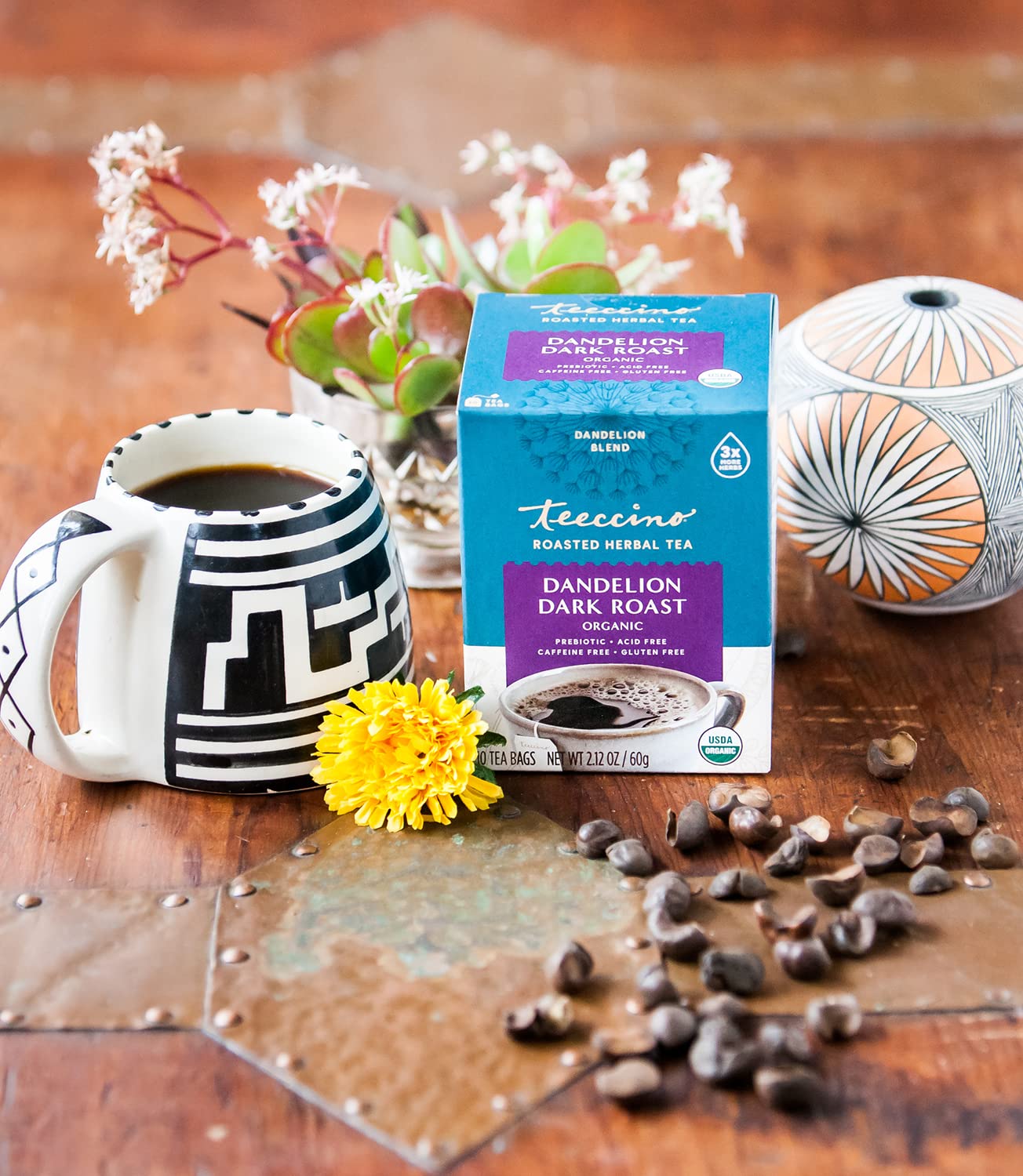 Teeccino Dark Roast Dandelion Herbal Tea - Caffeine Free & Prebiotic, 25 Count (Pack of 3)