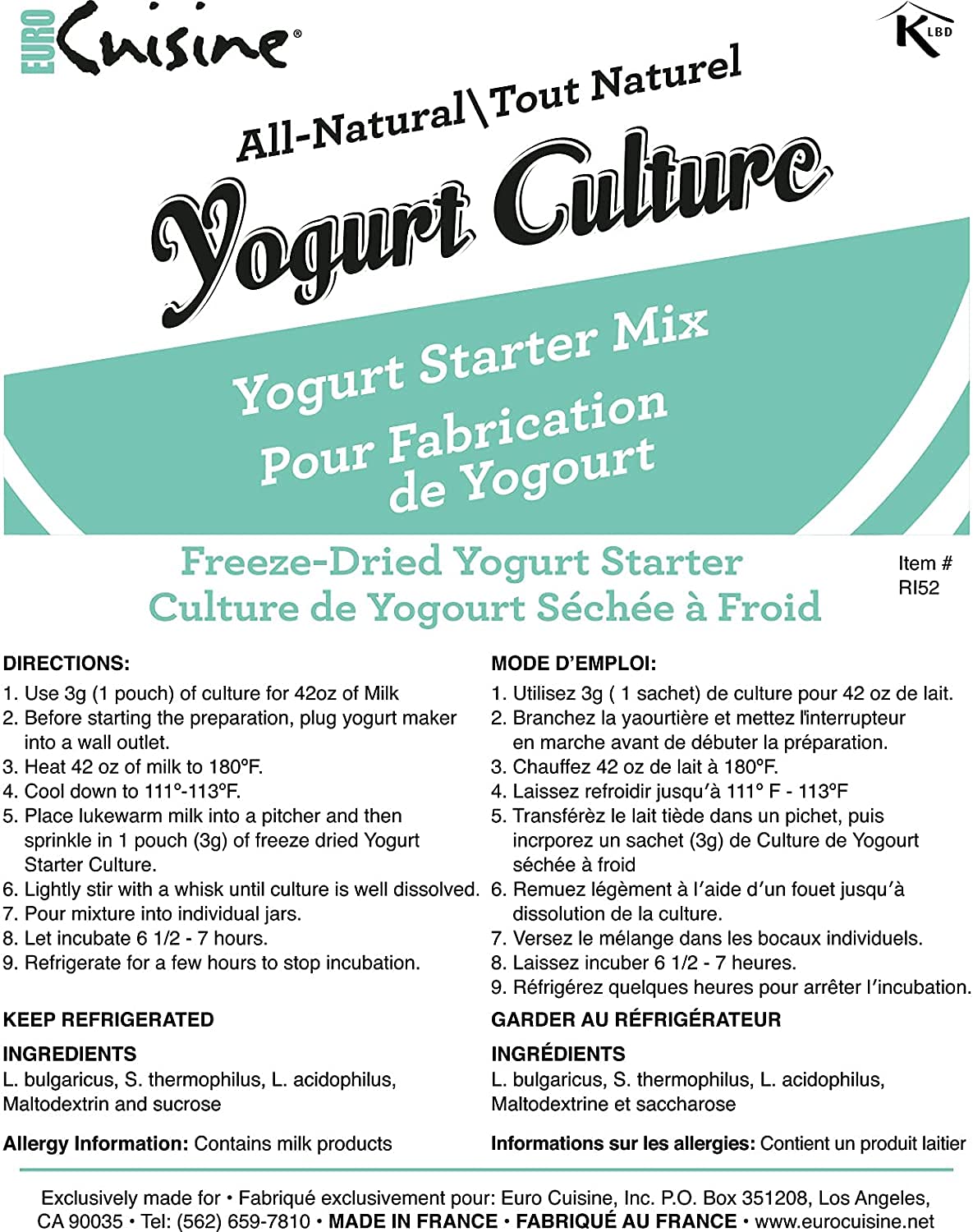 Euro Cuisine Yogurt Culture Starter for Homemade Yogurt, Dairy Free & Whole Milk, 2 Pack, Model S-PL-9234