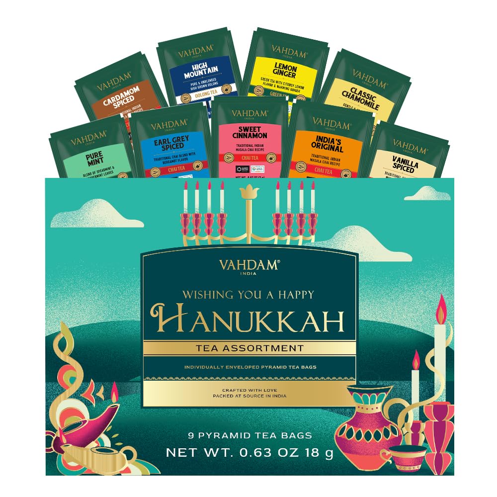 VAHDAM, Limited Edition - Hanukkah Tea Gift Basket | 9 Delicious Variety Pyramid Tea Bags | Perfect Hanukkah Gift for Friends an
