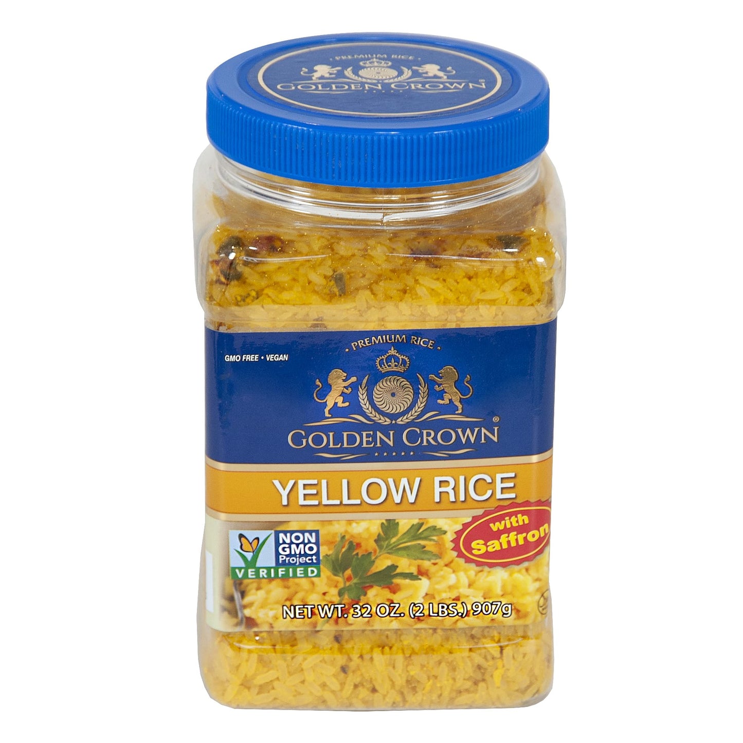Golden Crown Saffron Yellow Rice - 32 Oz (2Lb) | Naturally Aged Halal + Long Aromatic | Tasty And Delicious Flavorful | Long-Grain Stovetop Or Microwave Rice