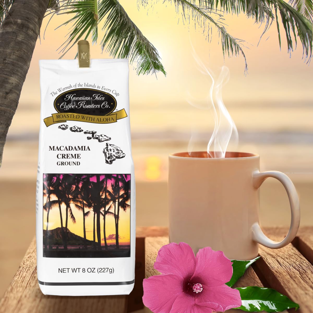Hawaiian Isles Macadamia Creme Flavored, Light Roast Ground Coffee, Roasted With Aloha - 8 Ounce Bag