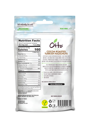 OTTONUTS Cocoa Roasted Turkish Hazelnuts, Non-GMO Vegan Snack, 5 OZ Resealable Bag
