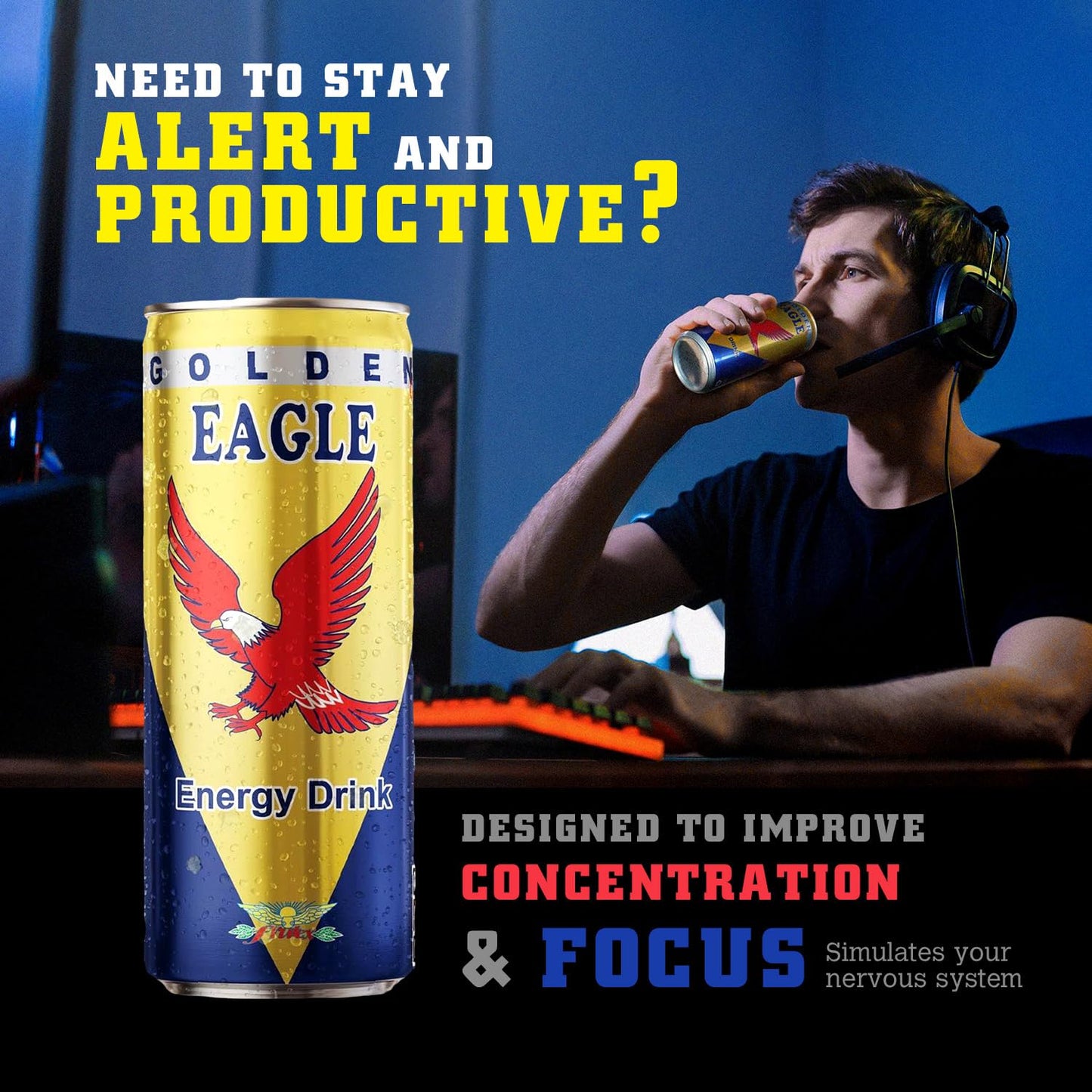 Golden Eagle Energy Drink - Enhanced Energy & Focus - 8.4 fl oz Cans (24-Pack) - Real Sugar, Perfect for Athletes & Professionals