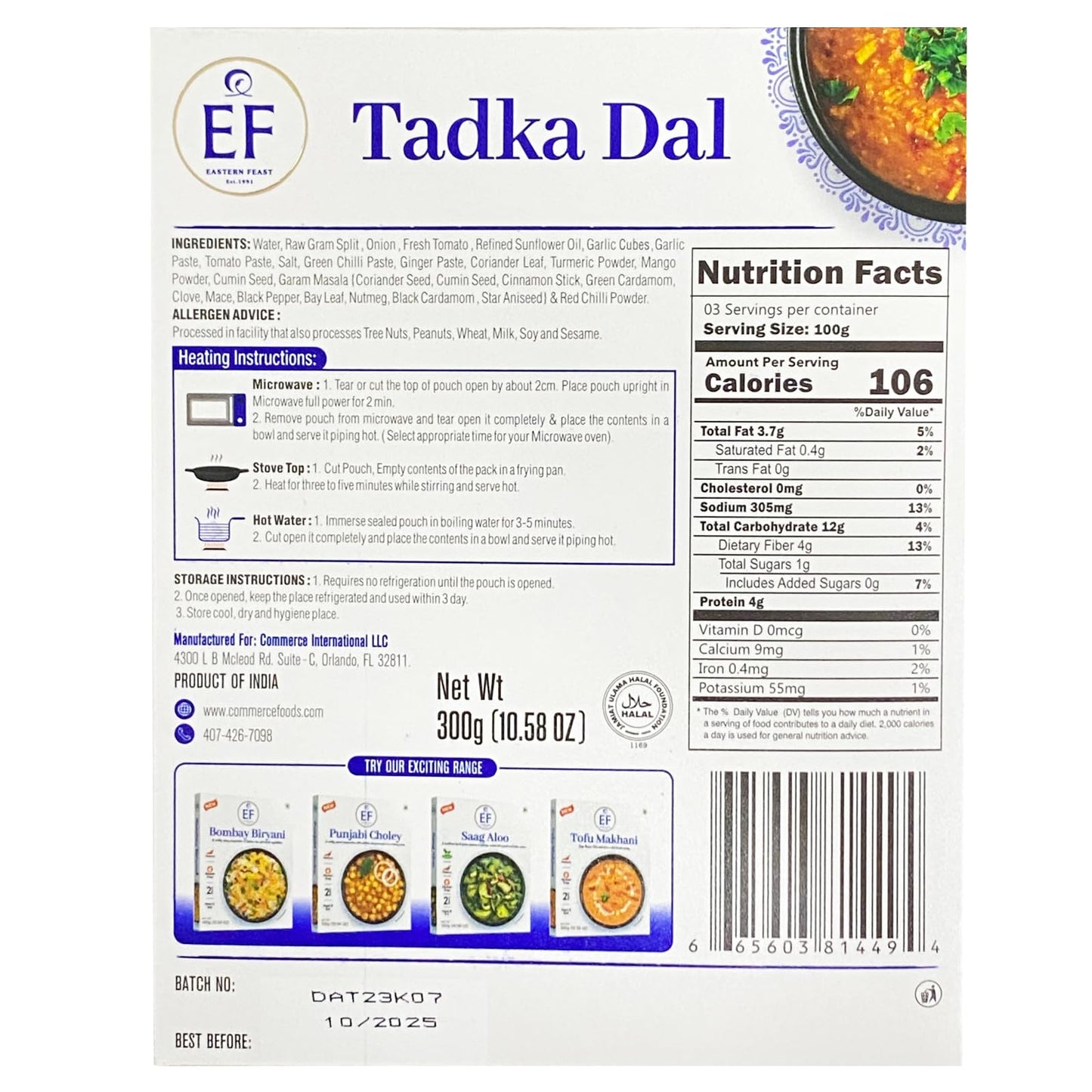 Eastern Feast - Ready To Eat Vegetarian Meals, 10.58 Oz (Pack Of 10, Tadka Dal)