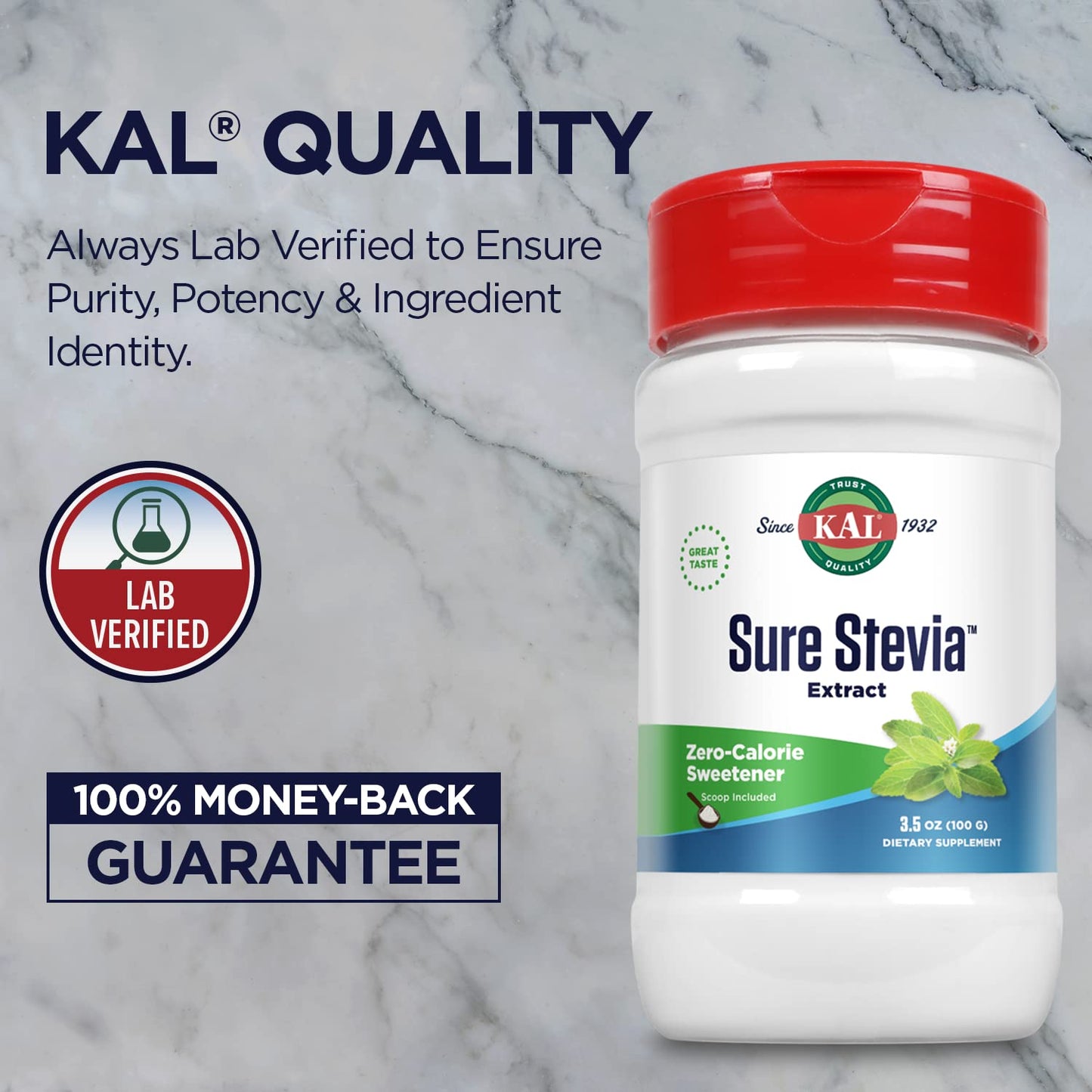KAL Sure Stevia Extract Powder, Low Carb, Plant Based Stevia Sweetener, Great Taste, Zero Calories, Zero Sugar, Low Glycemic & P