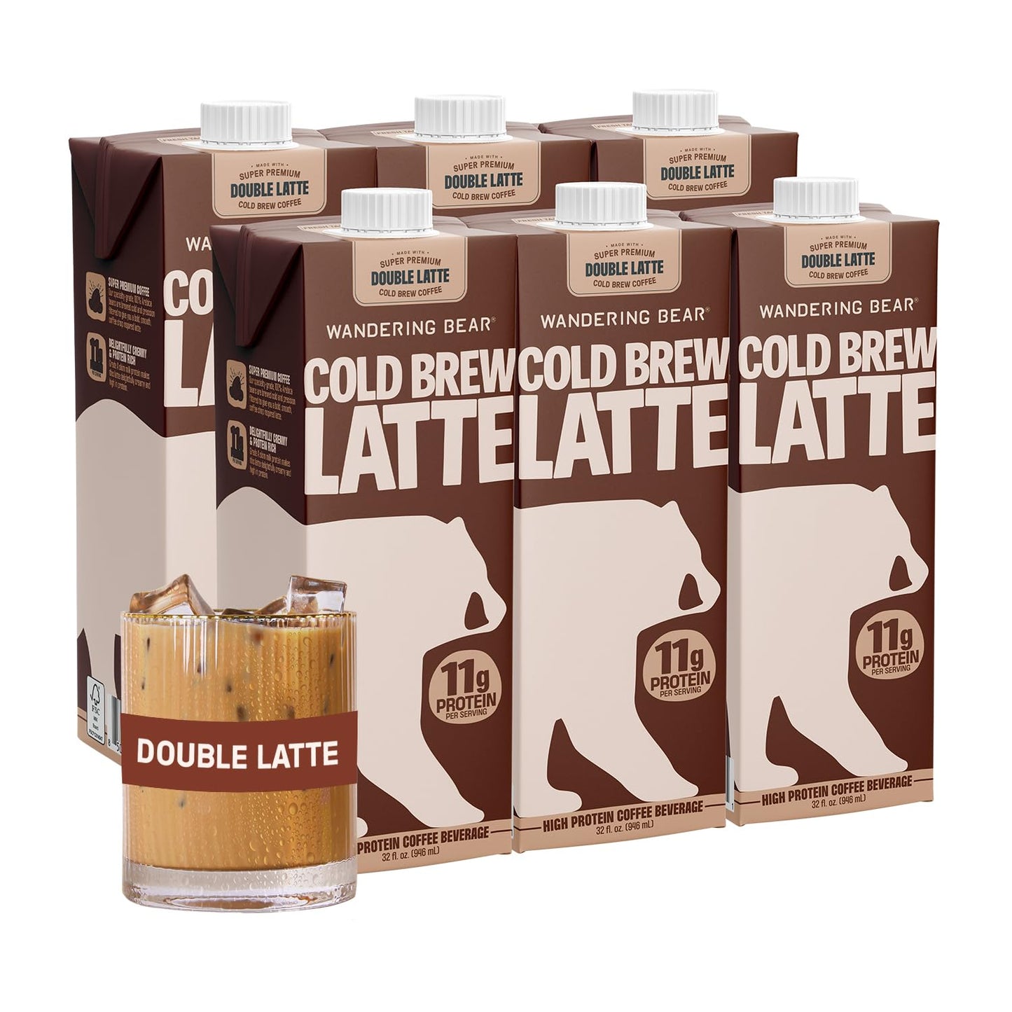 Wandering Bear Double Latte Organic Cold Brew Coffee - 32 Fl Oz 6 Pack - Creamy High-Protein Cold Brew Latte 11 G Protein Only 100 Calories 5 G Sugar Double Shot Strength (Shelf-Stable)