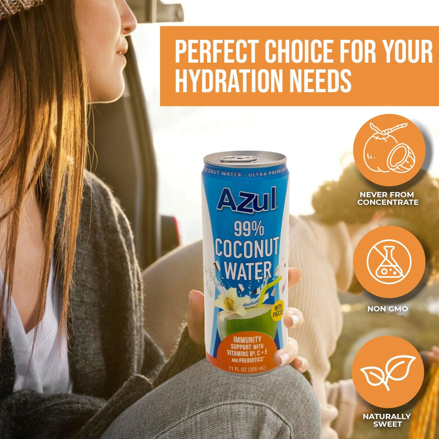 Azul 99% Coconut Water With Coconut Water Immunity Supports, Vitamin B6, C, E, And Probiotics, Natural Hydrating Elixir, Organic