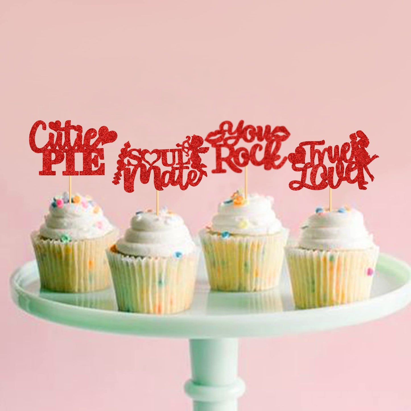 Ercadio 24 Pack Cutie Pie Cupcake Toppers Red Glitter Valentine