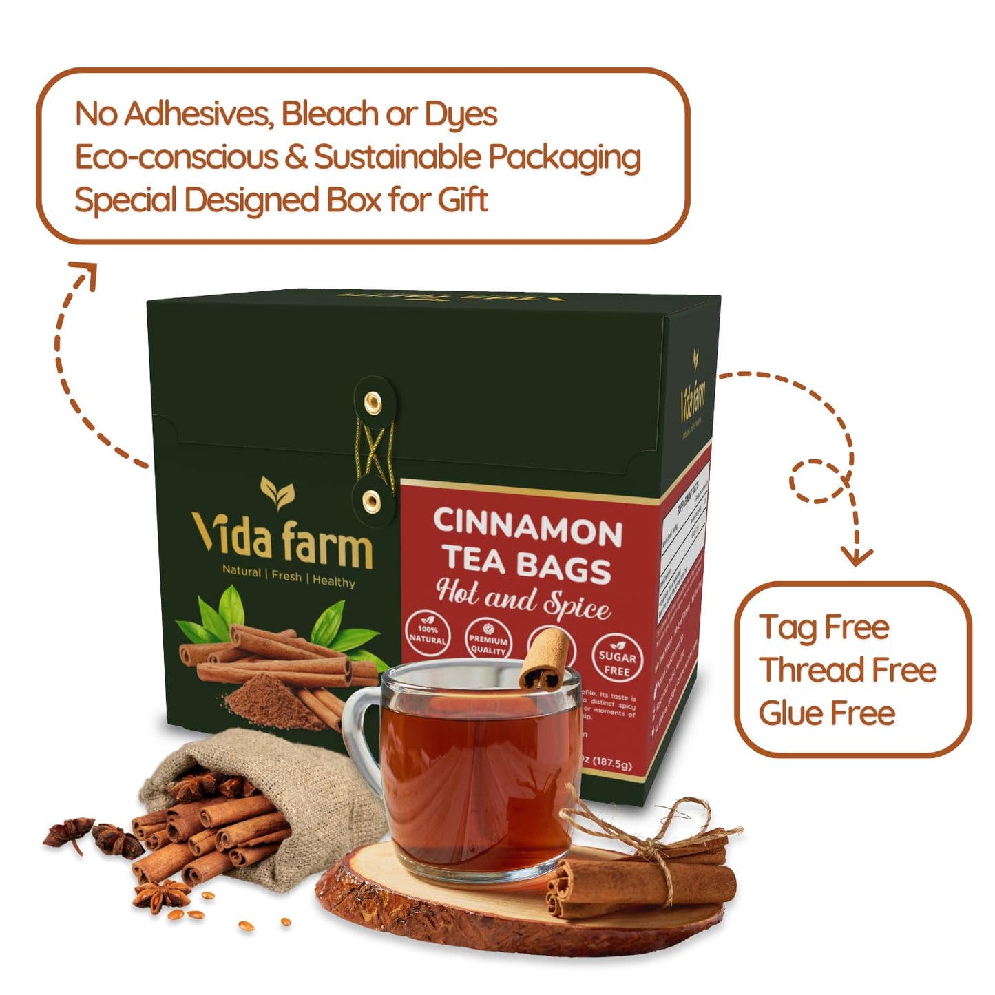 VIDA FARM Herbal Cinnamon Tea Bags, 100% Natural, Caffeine-Free, 125 Count, Dark Yellow