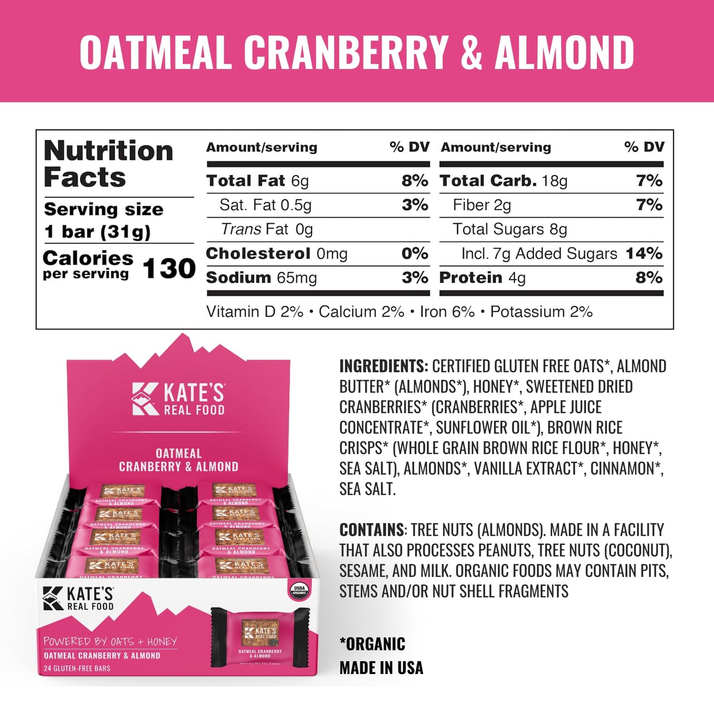 Kates Real Food Organic Energy Bars Oatmeal Cranberry & Almond (1.1 oz Pack of 24) Non-GMO All-Natural Ingredients Gluten-Free and Soy-Free Healthy Snack with Natural Flavors