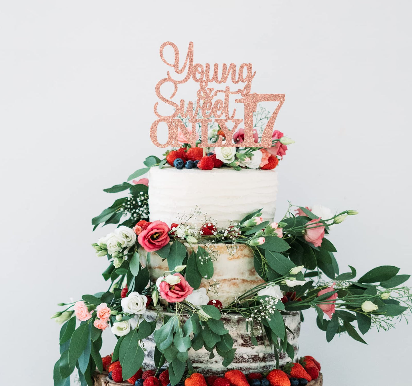 Young And Sweet Only 17 Cake Topper, Happy 17Th Birthday Decorations, Cheers To 17 Years Old Birthday Party Decorations Rose Gol