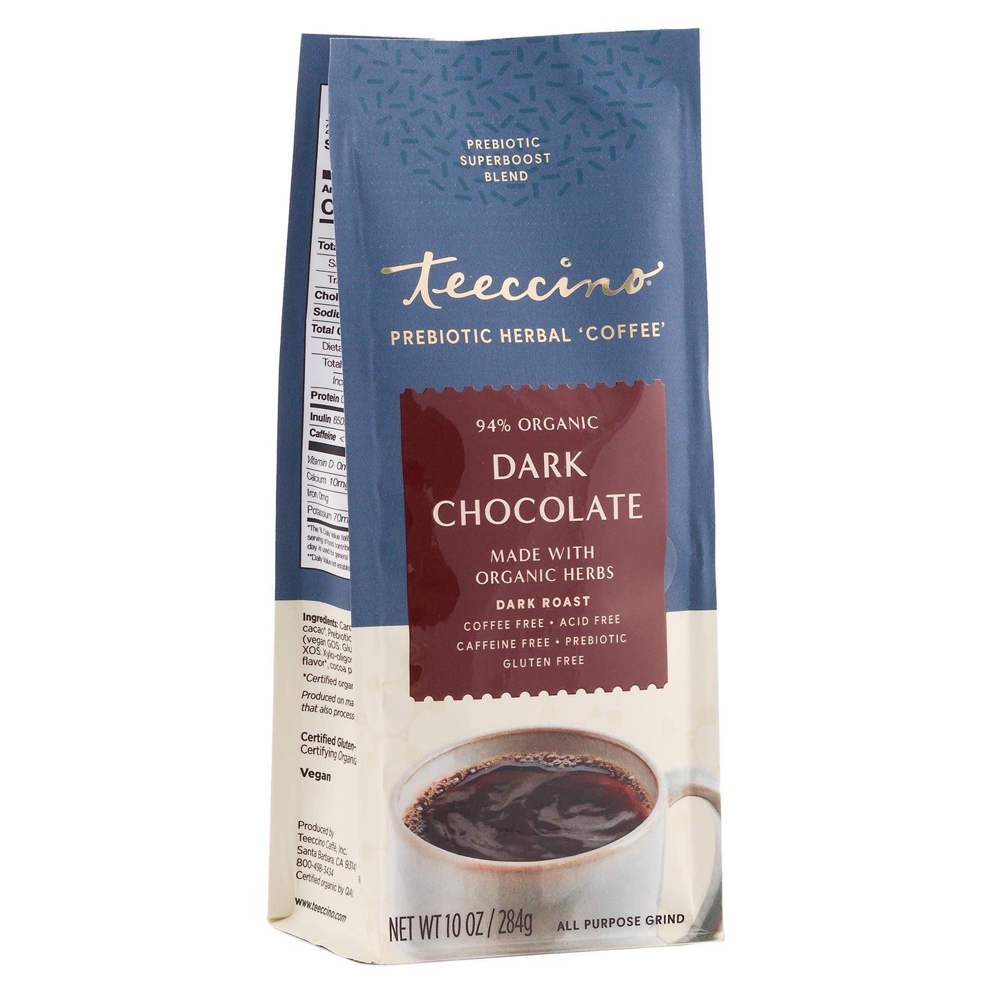 Teeccino Dark Chocolate Coffee Alternative, Caffeine-Free, 3 Vegan Prebiotics, 10 Ounce, Pack of 3