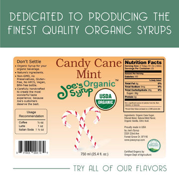 Joes Syrup Organic Flavored Syrup, Organic Candy Cane Mint, 750 Ml (3 Pack)