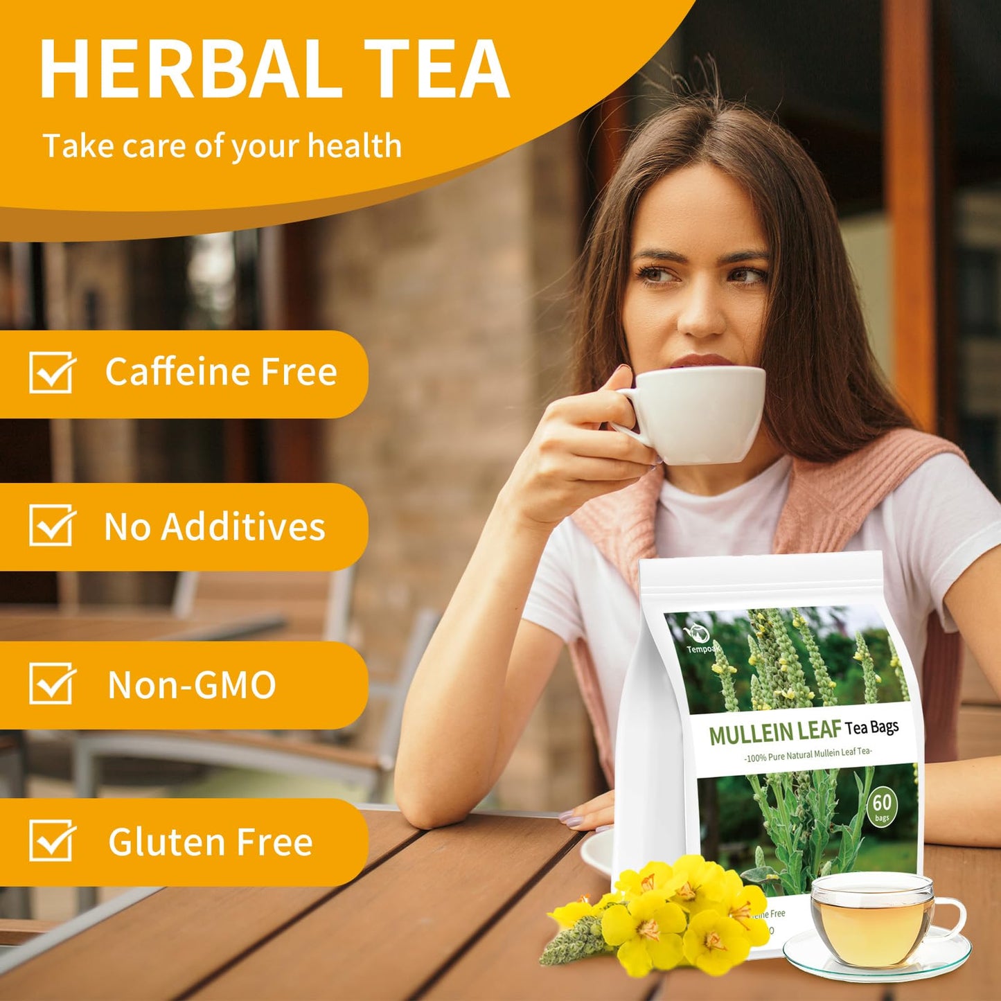 Tempoak 60 Mullein Leaf Tea Bags - 100% Pure, Caffeine Free, Non-GMO, No Additives, No Sugar