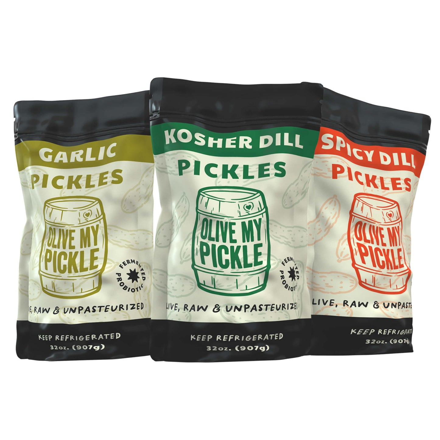 Olive My Pickle Probiotic Variety Pack - Fermented Pickles, Kosher Dill, Garlic, Spicy Dill - 3-Pack, 96 Ounces Total
