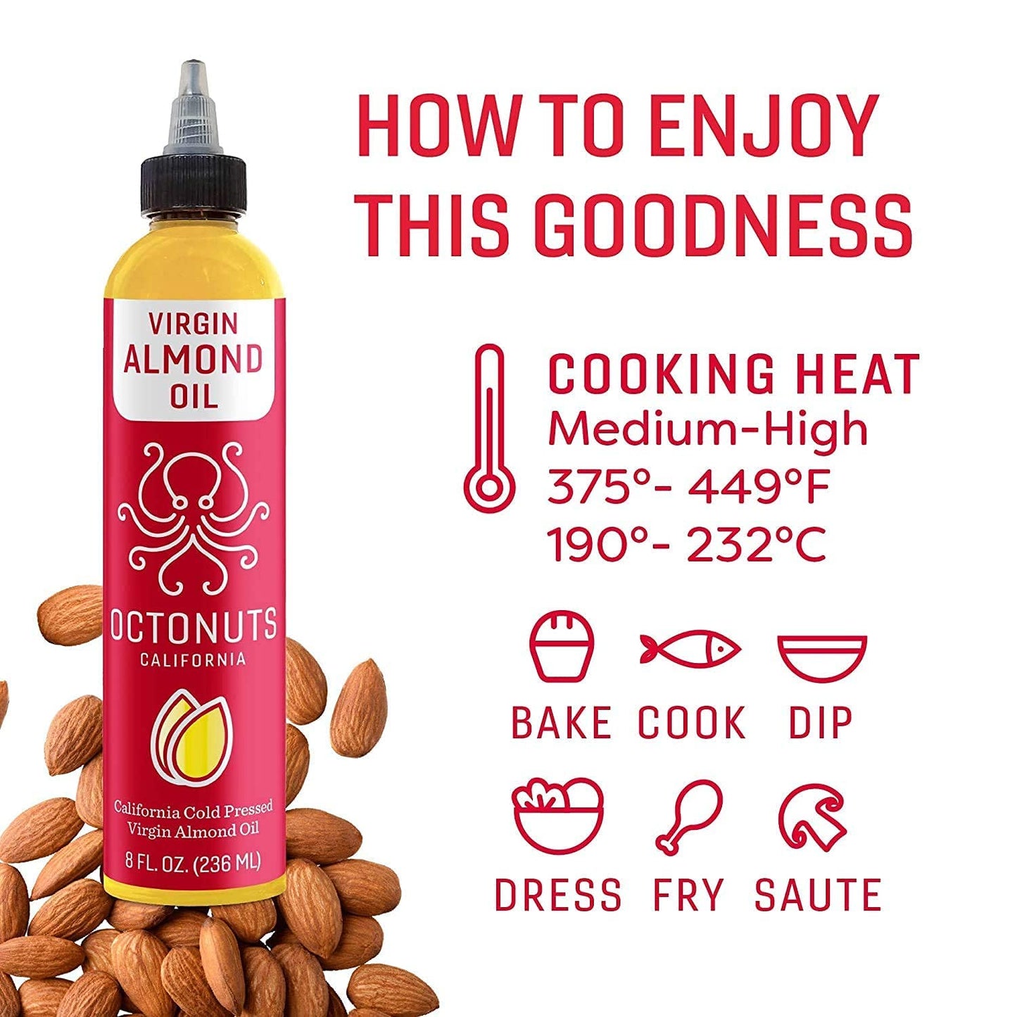 Octonuts Cold Pressed Almond Oil, 8 Ounce, Made With California Almonds, Plant-Based, Keto, Paleo Friendly, Vegan, Gluten Free (Almond, 1- Pack)