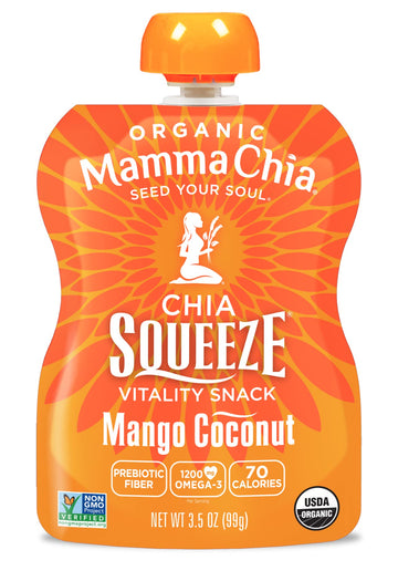 Mamma Chia Organic Vitality Squeeze Snack, Mango Coconut, Usda Organic, Non-Gmo, Vegan, Gluten Free, And Kosher. Fruit And Vegetables With Only 70 Calories. 3.5 Ounce (Pack Of 8)