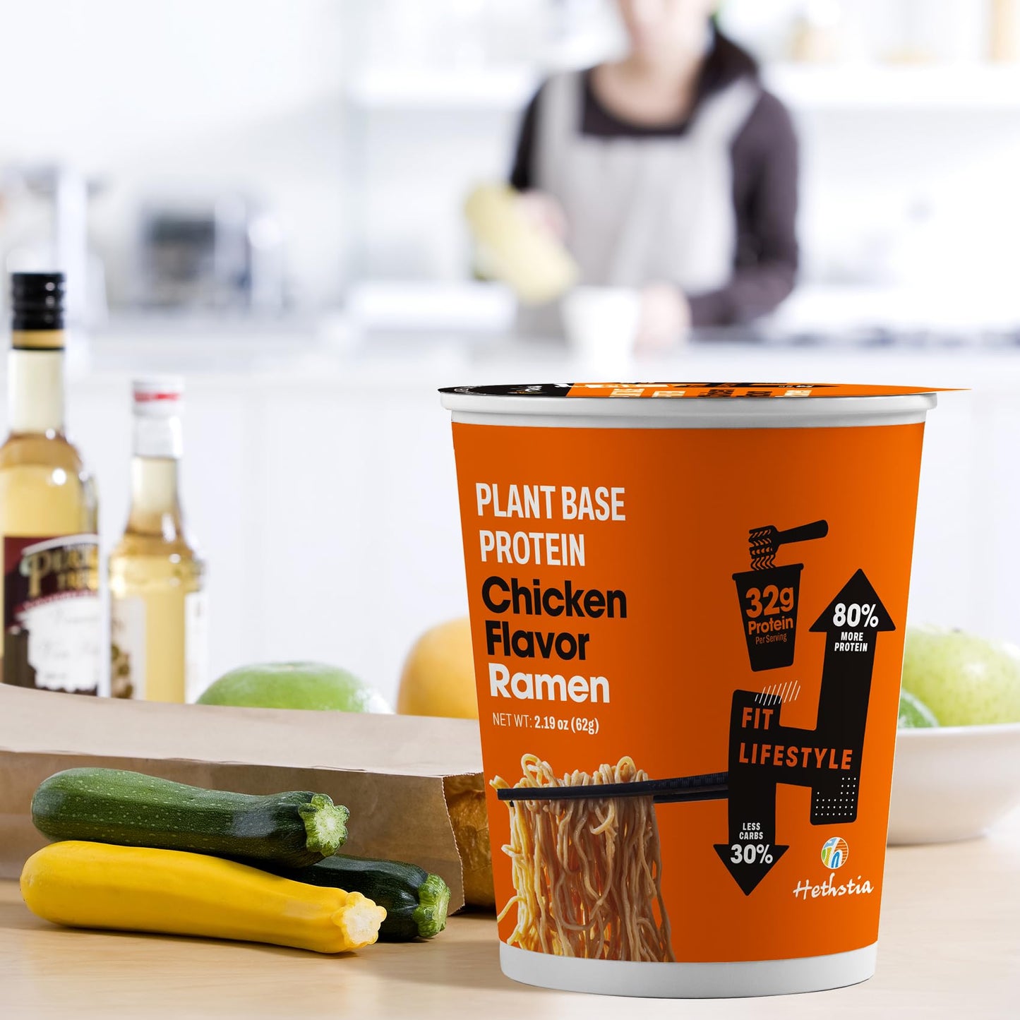 Hethstia Protein Ramen Instant Chicken Soup Cup, Plant-Based High Protein(32G) Ramen Chicken Flavor, 6 Pack, Air-Dried, Non-Frie