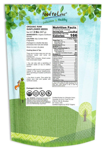 Food To Live - Organic Sunflower Seeds, 2 Pounds - Hulled, Raw, Non-Gmo, Dried Kernels, Unsalted, Kosher, Vegan, Keto, Paleo, Sirtfood, Bulk